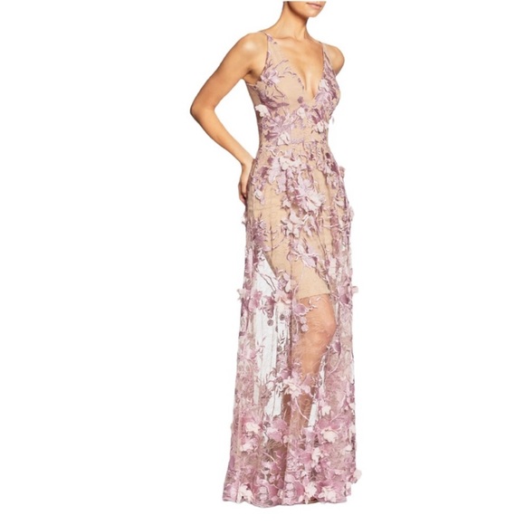 DRESS THE POPULATION Sidney Deep V-Neck 3D Lace Gown, Lilac/ Nude MEDIUM 1302 - Picture 3 of 9